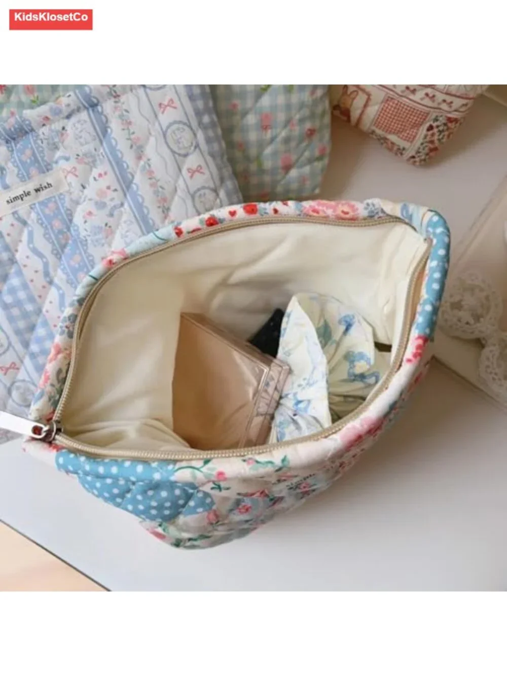 Quilted Floral Cotton Makeup Pouch Cosmetic Bag Travel Organizer